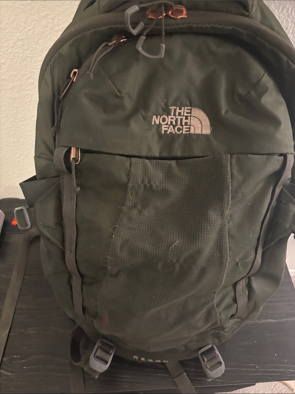 The North Face Olive Backpack with Rose Gold Accents
